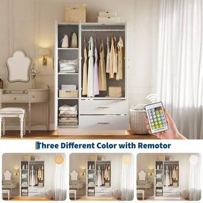 COZONY 71 Armoire de chambre blanche, Penderie avec portes en verre cannelé, tringle à vêtements et tiroirs