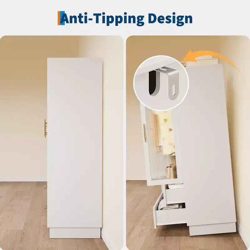 COZONY 71 Armoire de chambre blanche, Penderie avec portes en verre cannelé, tringle à vêtements et tiroirs