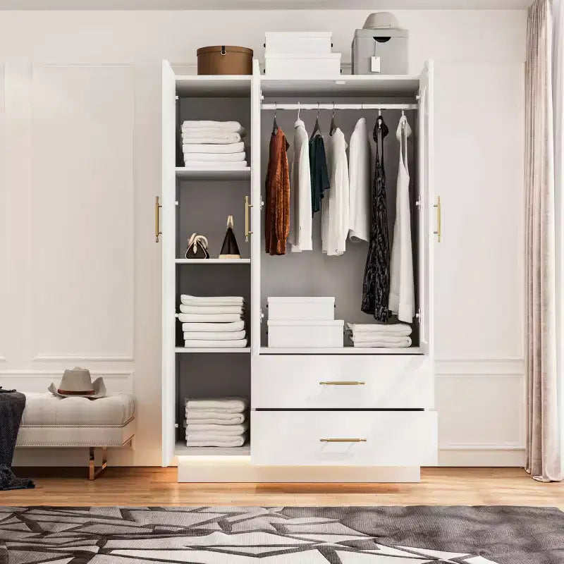 COZONY 71 Armoire de chambre blanche, Penderie avec portes en verre cannelé, tringle à vêtements et tiroirs