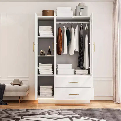 COZONY 71 Armoire de chambre blanche, Penderie avec portes en verre cannelé, tringle à vêtements et tiroirs
