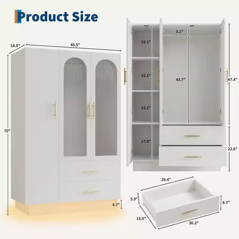 COZONY 71 Armoire de chambre blanche, Penderie avec portes en verre cannelé, tringle à vêtements et tiroirs