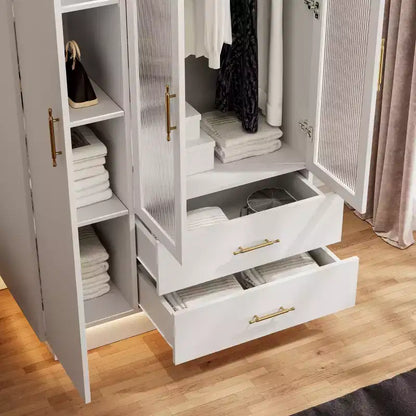 COZONY 71 Armoire de chambre blanche, Penderie avec portes en verre cannelé, tringle à vêtements et tiroirs