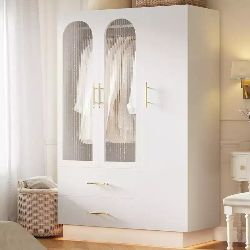 COZONY 71 Armoire de chambre blanche, Penderie avec portes en verre cannelé, tringle à vêtements et tiroirs