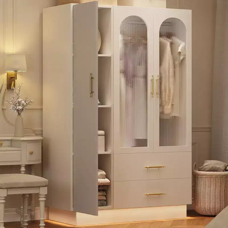 COZONY 71 Armoire de chambre blanche, Penderie avec portes en verre cannelé, tringle à vêtements et tiroirs