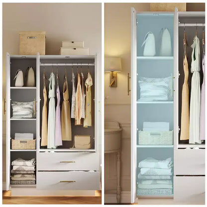 COZONY 71 Armoire de chambre blanche, Penderie avec portes en verre cannelé, tringle à vêtements et tiroirs