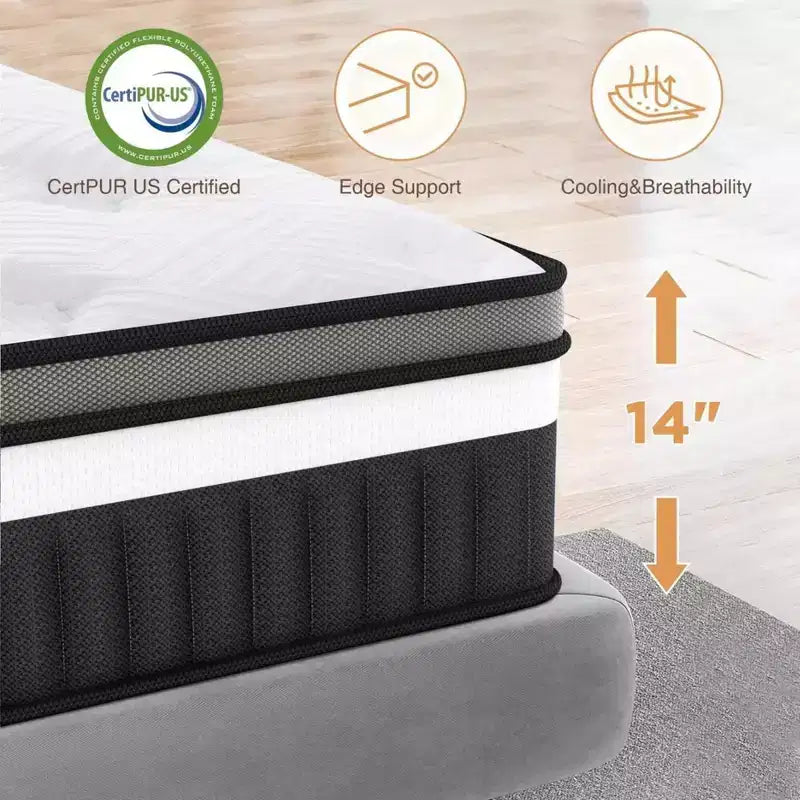 Matelas hybride Queen 14 pouces en boîte, fermeté moyenne, mousse à mémoire de forme et ressorts ensachés individuels, matelas sans fibre de verre, respirant, CertiPUR-US