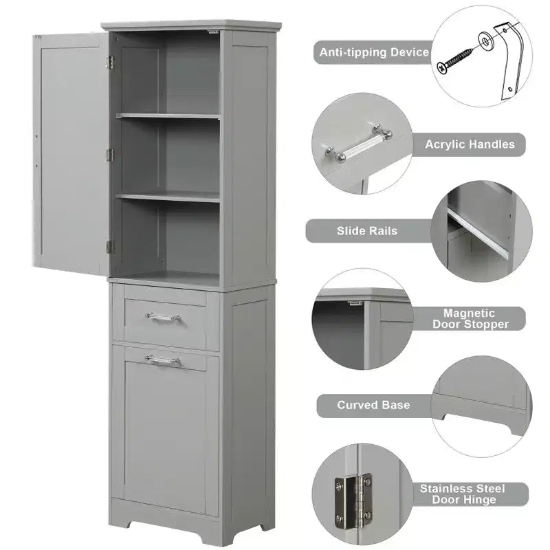 GDFStudio Nolan Armoire de salle de bain haute en bois moderne sur pied avec 2 tiroirs et étagère réglable