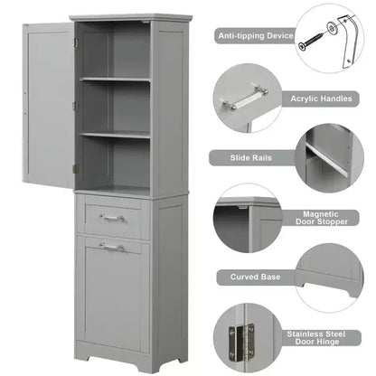 GDFStudio Nolan Armoire de salle de bain haute en bois moderne sur pied avec 2 tiroirs et étagère réglable