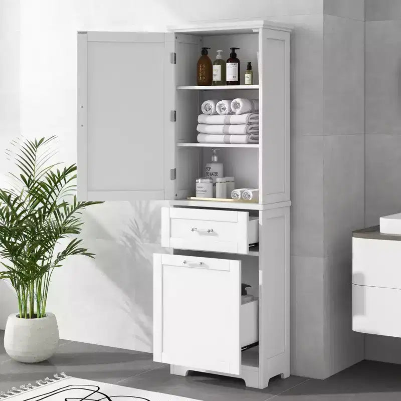 GDFStudio Nolan Armoire de salle de bain haute en bois moderne sur pied avec 2 tiroirs et étagère réglable