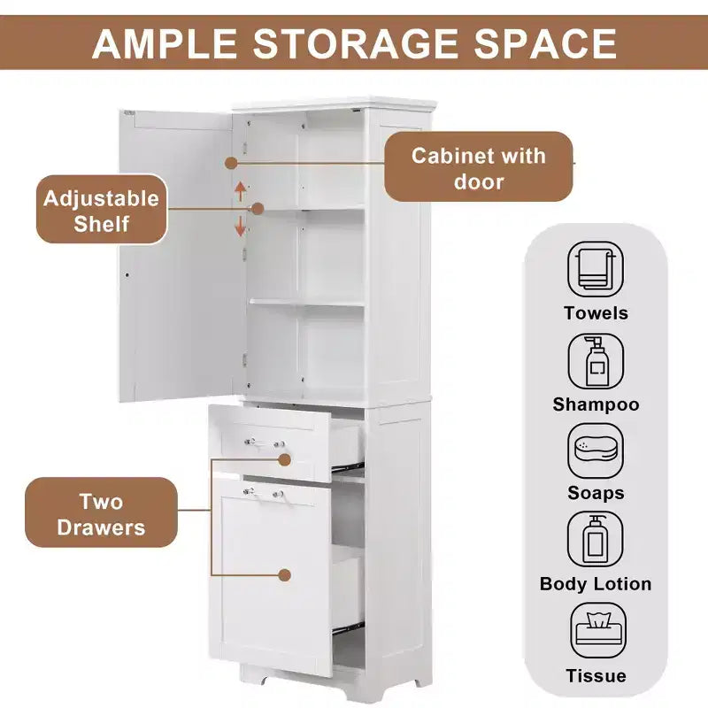 GDFStudio Nolan Armoire de salle de bain haute en bois moderne sur pied avec 2 tiroirs et étagère réglable
