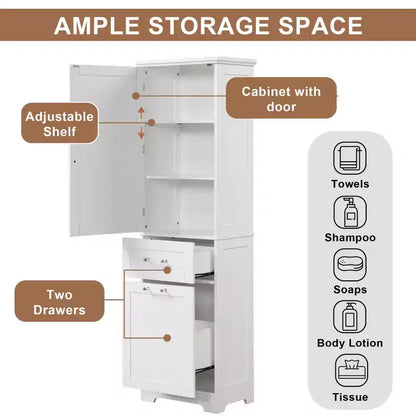 GDFStudio Nolan Armoire de salle de bain haute en bois moderne sur pied avec 2 tiroirs et étagère réglable