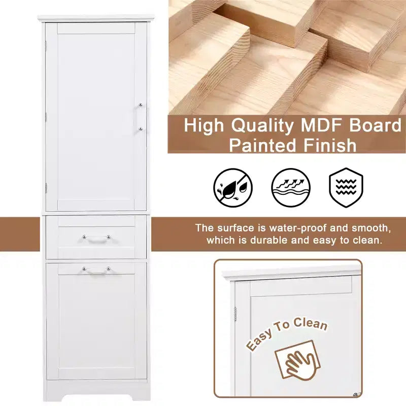 GDFStudio Nolan Armoire de salle de bain haute en bois moderne sur pied avec 2 tiroirs et étagère réglable