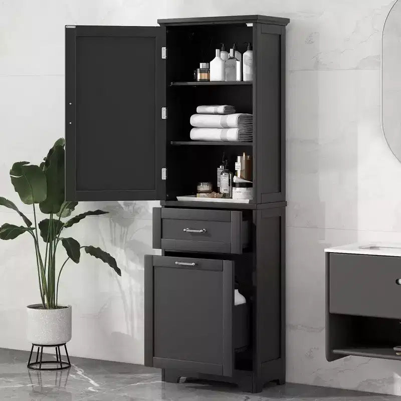 GDFStudio Nolan Armoire de salle de bain haute en bois moderne sur pied avec 2 tiroirs et étagère réglable