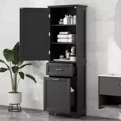 GDFStudio Nolan Armoire de salle de bain haute en bois moderne sur pied avec 2 tiroirs et étagère réglable