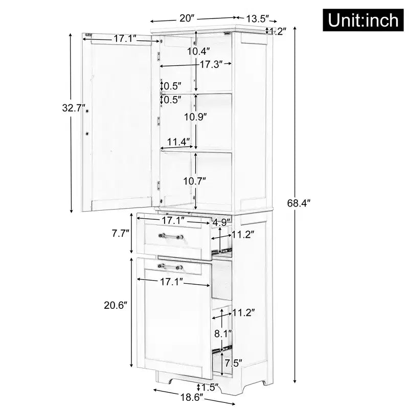 GDFStudio Nolan Armoire de salle de bain haute en bois moderne sur pied avec 2 tiroirs et étagère réglable