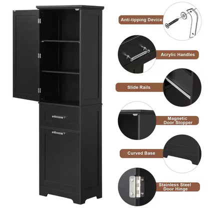 GDFStudio Nolan Armoire de salle de bain haute en bois moderne sur pied avec 2 tiroirs et étagère réglable