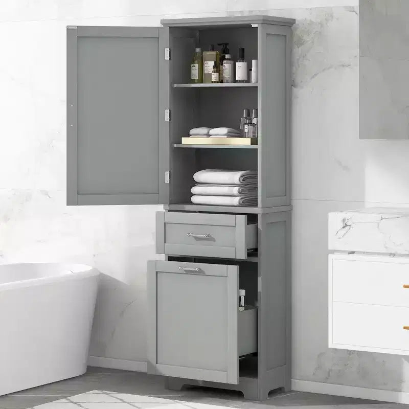 GDFStudio Nolan Armoire de salle de bain haute en bois moderne sur pied avec 2 tiroirs et étagère réglable