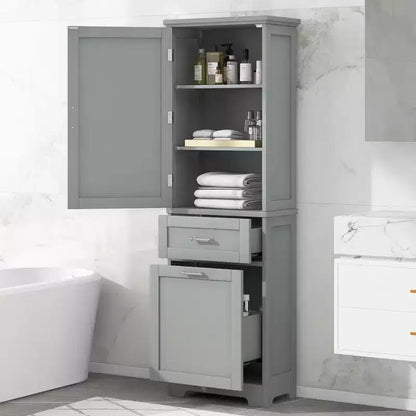 GDFStudio Nolan Armoire de salle de bain haute en bois moderne sur pied avec 2 tiroirs et étagère réglable