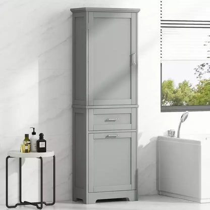GDFStudio Nolan Armoire de salle de bain haute en bois moderne sur pied avec 2 tiroirs et étagère réglable