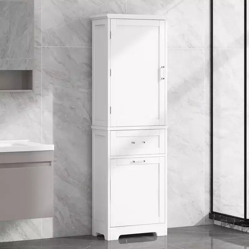 GDFStudio Nolan Armoire de salle de bain haute en bois moderne sur pied avec 2 tiroirs et étagère réglable