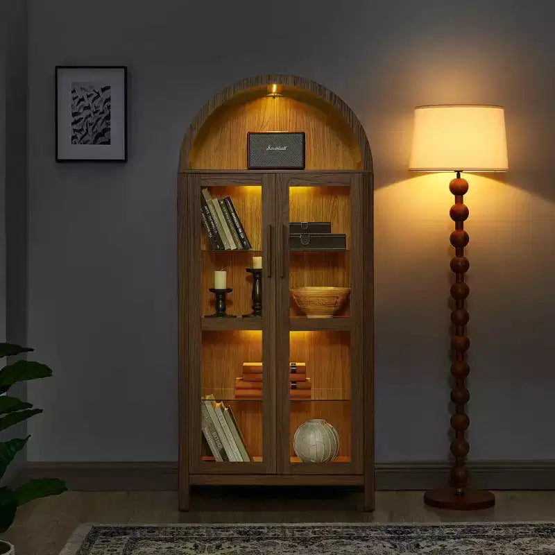 MAYEERTY High Arched Storage Cabinet with Lamp, Modern Retro-Style Wooden Storage Cabinet with Adjustable Glass Partitions Brown