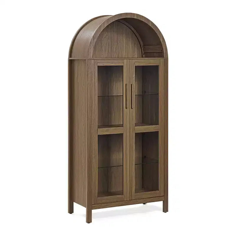 MAYEERTY Meuble de Rangement Haut Arqué avec Lampe, Meuble de Rangement en Bois de Style Rétro Moderne avec Cloisons en Verre Réglables Marron