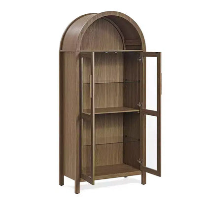 MAYEERTY Meuble de Rangement Haut Arqué avec Lampe, Meuble de Rangement en Bois de Style Rétro Moderne avec Cloisons en Verre Réglables Marron