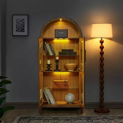 MAYEERTY Meuble de Rangement Haut Arqué avec Lampe, Meuble de Rangement en Bois de Style Rétro Moderne avec Cloisons en Verre Réglables Marron
