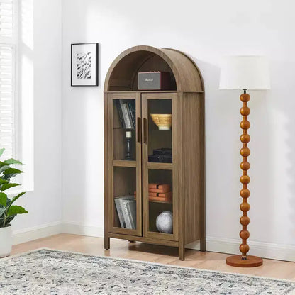 MAYEERTY Meuble de Rangement Haut Arqué avec Lampe, Meuble de Rangement en Bois de Style Rétro Moderne avec Cloisons en Verre Réglables Marron