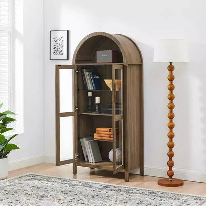 MAYEERTY Meuble de Rangement Haut Arqué avec Lampe, Meuble de Rangement en Bois de Style Rétro Moderne avec Cloisons en Verre Réglables Marron