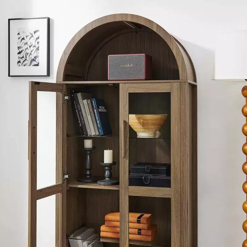 MAYEERTY Meuble de Rangement Haut Arqué avec Lampe, Meuble de Rangement en Bois de Style Rétro Moderne avec Cloisons en Verre Réglables Marron