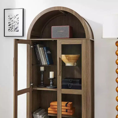 MAYEERTY Meuble de Rangement Haut Arqué avec Lampe, Meuble de Rangement en Bois de Style Rétro Moderne avec Cloisons en Verre Réglables Marron