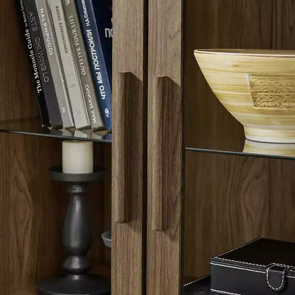 MAYEERTY Meuble de Rangement Haut Arqué avec Lampe, Meuble de Rangement en Bois de Style Rétro Moderne avec Cloisons en Verre Réglables Marron