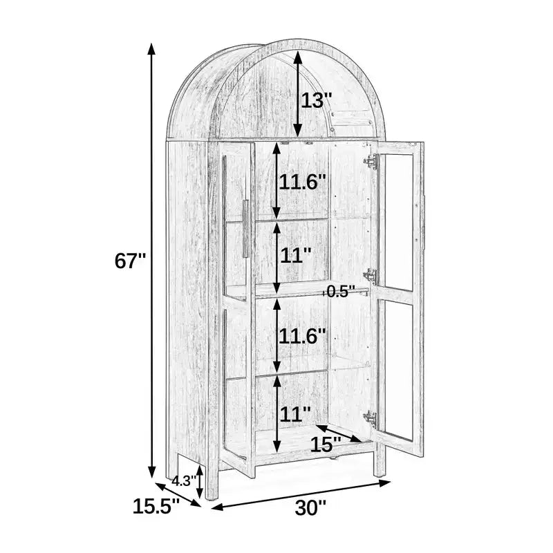 MAYEERTY Meuble de Rangement Haut Arqué avec Lampe, Meuble de Rangement en Bois de Style Rétro Moderne avec Cloisons en Verre Réglables Marron