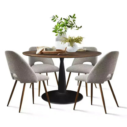 Ensemble de salle à manger 5 pièces pour 4 personnes, table à manger ronde noyer avec pied piédestal en métal + 4 chaises sans accoudoirs rembourrées pour salle à manger, cuisine - Panipeachy