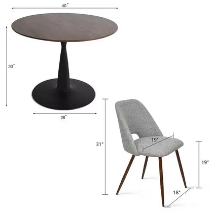 Ensemble de salle à manger 5 pièces pour 4 personnes, table à manger ronde noyer avec pied piédestal en métal + 4 chaises sans accoudoirs rembourrées pour salle à manger, cuisine - Panipeachy