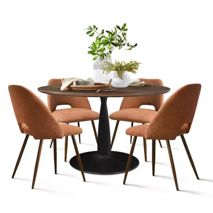 Ensemble de salle à manger 5 pièces pour 4 personnes, table à manger ronde noyer avec pied piédestal en métal + 4 chaises sans accoudoirs rembourrées pour salle à manger, cuisine - Panipeachy