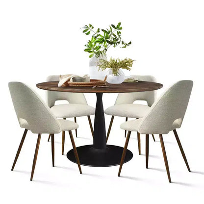 Ensemble de salle à manger 5 pièces pour 4 personnes, table à manger ronde noyer avec pied piédestal en métal + 4 chaises sans accoudoirs rembourrées pour salle à manger, cuisine - Panipeachy