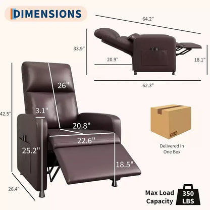 Fauteuil inclinable, Fauteuil Inclinable Ergonomique Rembourré en Cuir PU pour Salon, Dossier Haut, Siège Rembourré, 2 Poches Latérales