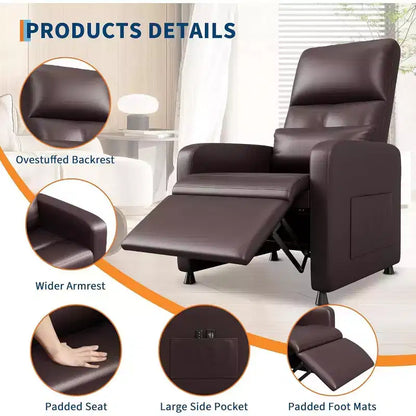 Fauteuil inclinable, Fauteuil Inclinable Ergonomique Rembourré en Cuir PU pour Salon, Dossier Haut, Siège Rembourré, 2 Poches Latérales
