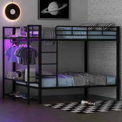Luxystar Full Size Metal Bunk Bed with 3 Storage Mesh Shelves, 2 Clothes Hooks and LED