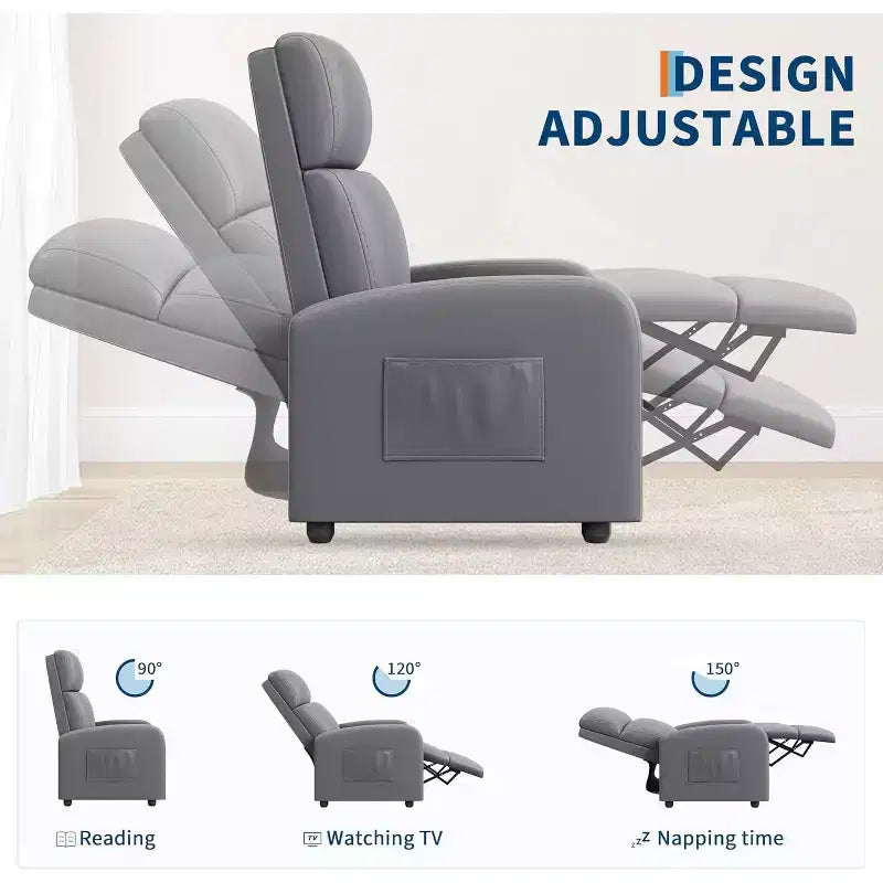 Fauteuil inclinable en cuir PU, inclinable paresseux ergonomique réglable, canapé simple amélioré avec poche latérale, dossier haut et siège rembourré pour le salon