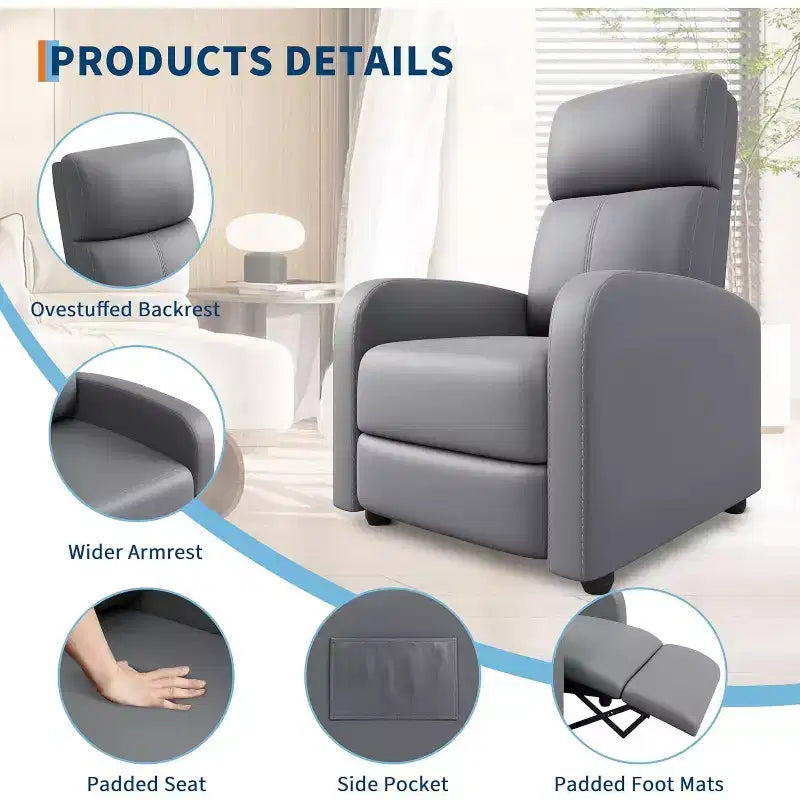 Fauteuil inclinable en cuir PU, inclinable paresseux ergonomique réglable, canapé simple amélioré avec poche latérale, dossier haut et siège rembourré pour le salon