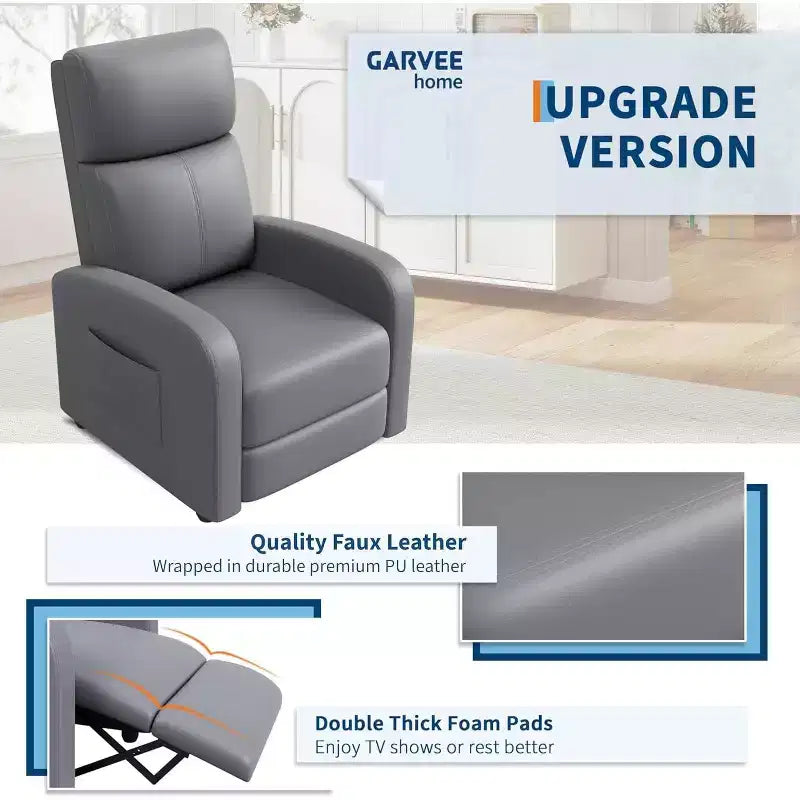 Fauteuil inclinable en cuir PU, inclinable paresseux ergonomique réglable, canapé simple amélioré avec poche latérale, dossier haut et siège rembourré pour le salon