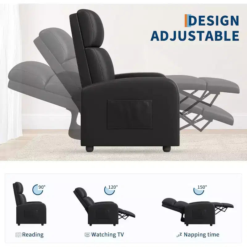 Fauteuil inclinable en cuir PU, inclinable paresseux ergonomique réglable, canapé simple amélioré avec poche latérale, dossier haut et siège rembourré pour le salon