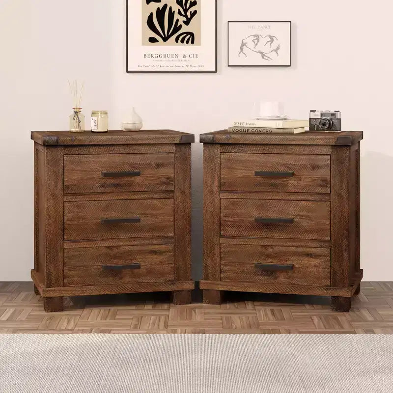 Table de chevet GDFStudio Ken Rustique en bois massif avec 3 tiroirs (lot de 2)