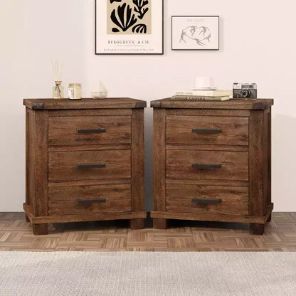 Table de chevet GDFStudio Ken Rustique en bois massif avec 3 tiroirs (lot de 2)