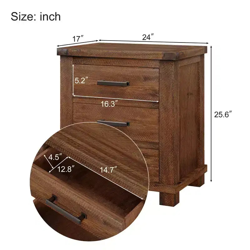 Table de chevet GDFStudio Ken Rustique en bois massif avec 3 tiroirs (lot de 2)