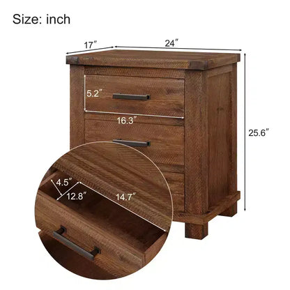 Table de chevet GDFStudio Ken Rustique en bois massif avec 3 tiroirs (lot de 2)