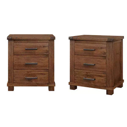 Table de chevet GDFStudio Ken Rustique en bois massif avec 3 tiroirs (lot de 2)